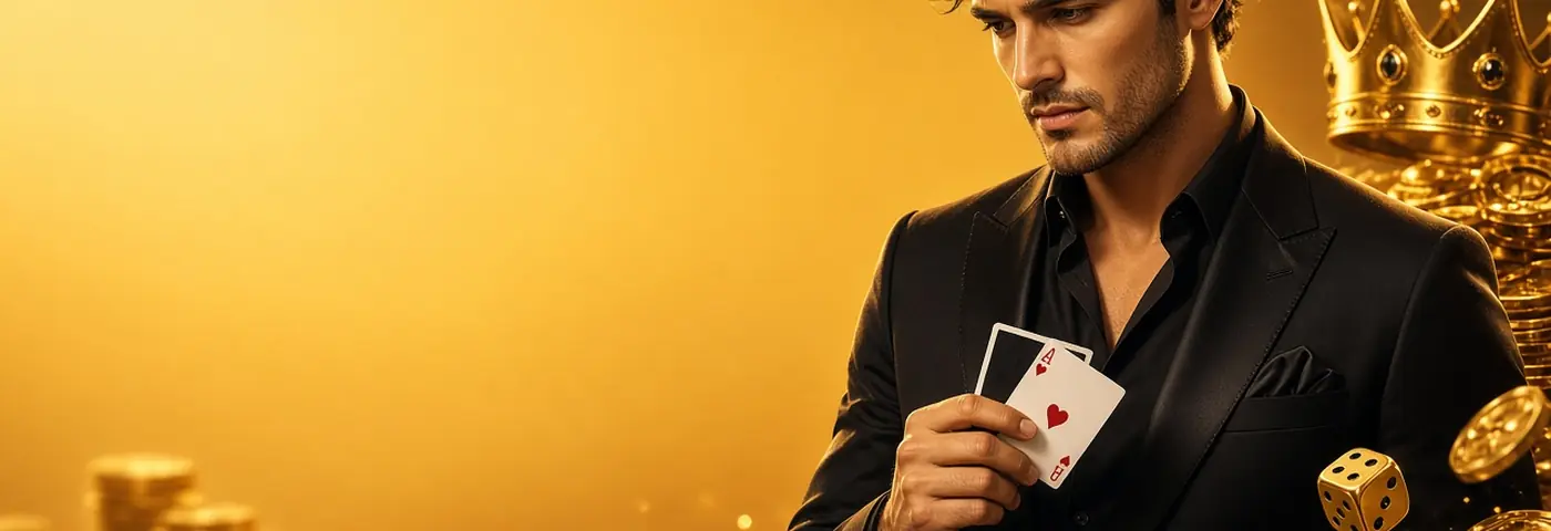 VIP club banner with cards, a die and gold coins