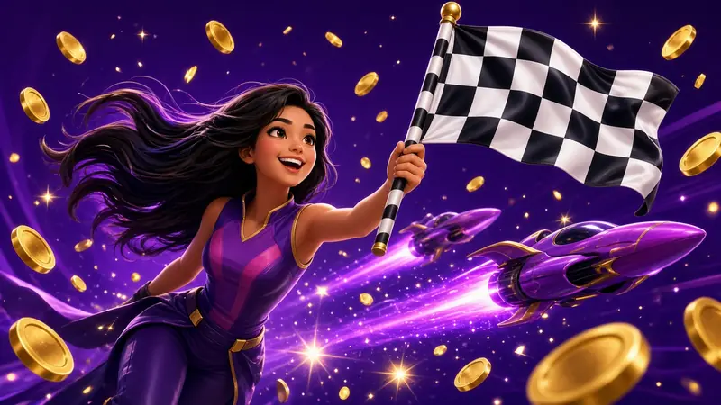 A racer with a checkered flag and purple jets