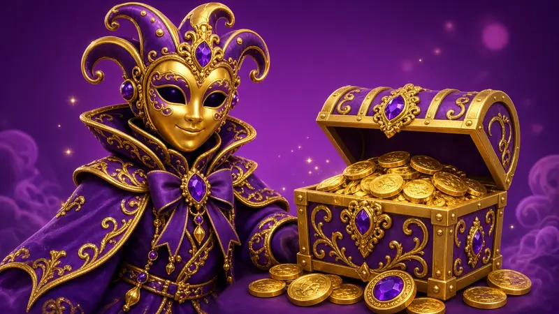 A carnival figure beside a chest of gold coins