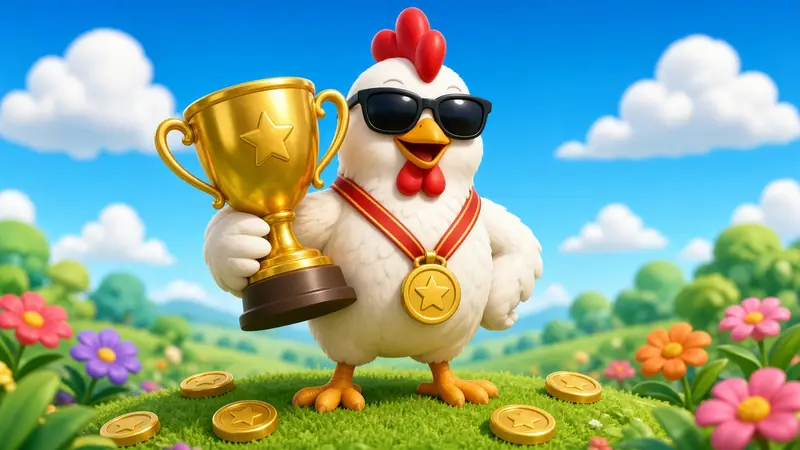A chicken in sunglasses holding a gold trophy