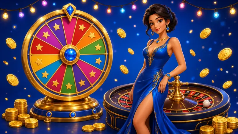 Prize wheel and roulette beside a dealer in blue