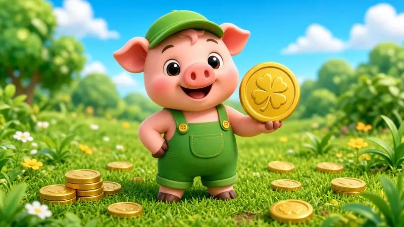 A pig mascot in green holding a gold coin