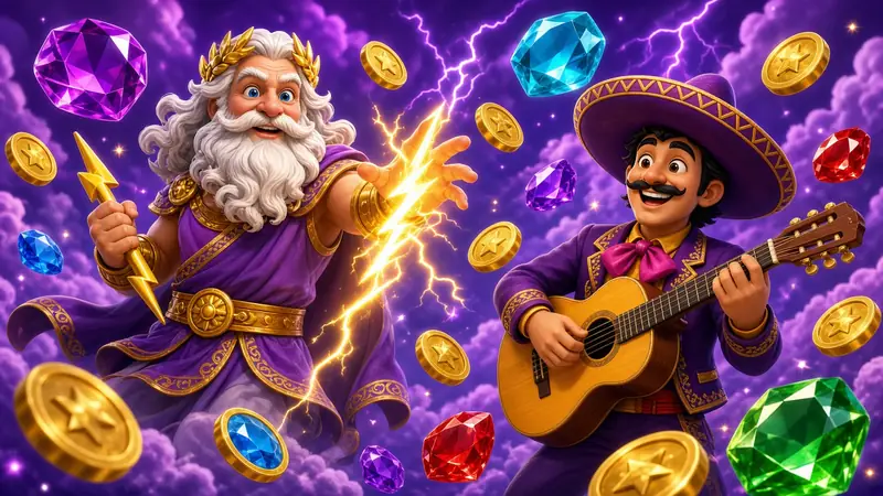 Zeus and a musician on purple clouds with gold coins
