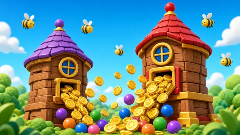 Wooden game towers with gold coins