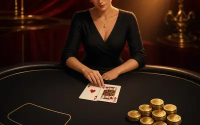 Baccarat 9 dealer with cards and gold chips