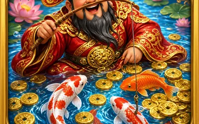 Cai Shen Fishing wealth figure with a rod and koi