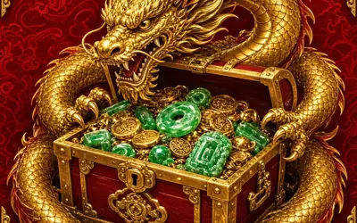Dragon's Treasure golden dragon around a chest