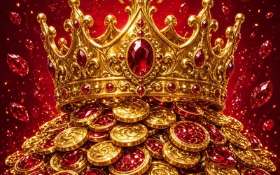 Gold crown on a pile of red and gold coins