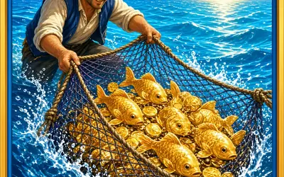 Fishing Time net full of gold fish and coins
