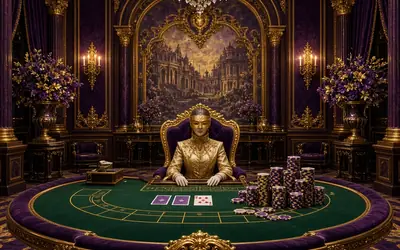 Grand Baccarat salon with a chandelier and chip stacks