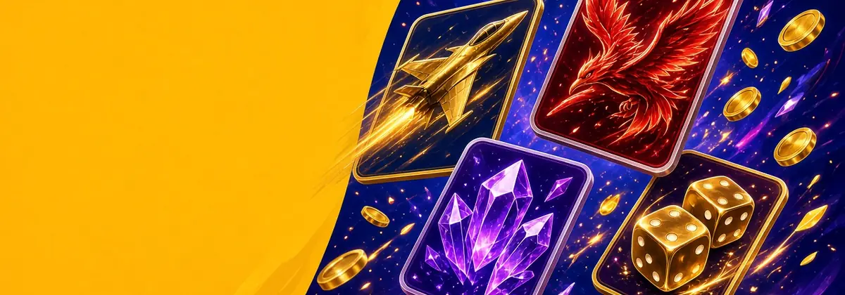 Crash game cards showing jets, gems and gold dice on a purple field