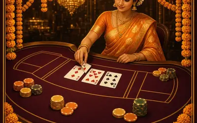 Hindi Speed Baccarat dealer in a saree with marigolds