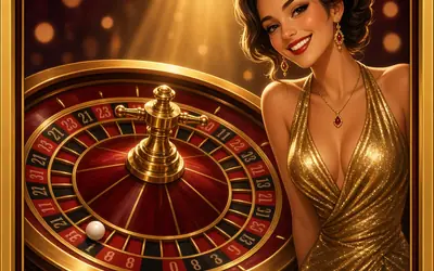 Lucky 6 Roulette host beside a gold wheel