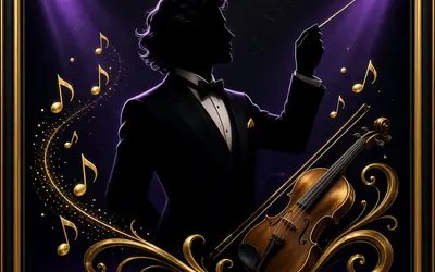 Maestro conductor with gold musical notes
