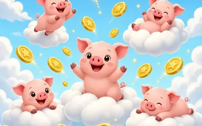 Cloud Piggies pink piglets on clouds with coins