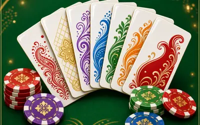 Rummy fan of cards and chips on green felt