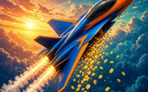 Blue and orange stunt jet banking through a sunset with gold coins