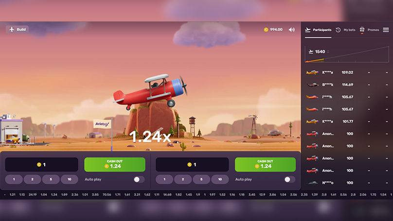 Aviatrix round in a desert at 1.24x with cash out buttons