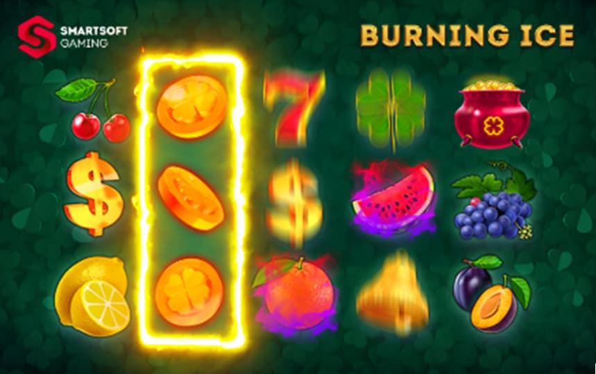 Burning Ice symbol sheet with fruit, coins and a reel outlined in yellow
