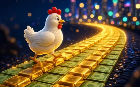Cartoon chicken walking a road of gold bars