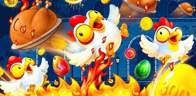 Cartoon hens leaping through flames beside a roasted chicken and coins