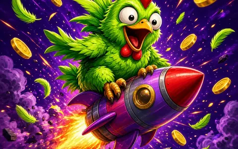 Green cartoon chicken riding a purple rocket through coins