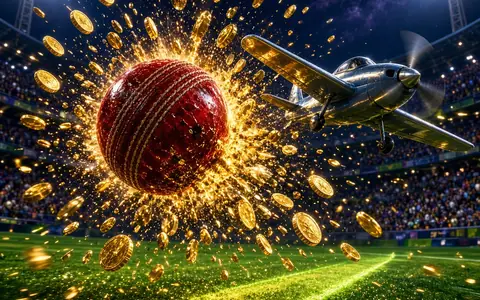 Cricket ball bursting into gold coins under stadium lights