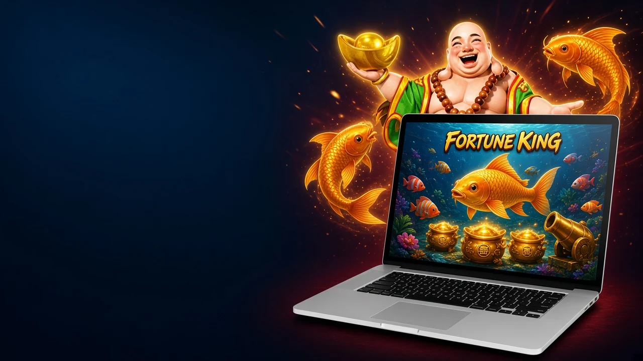 Laptop showing gold koi and jackpot pots, with a laughing Buddha behind it