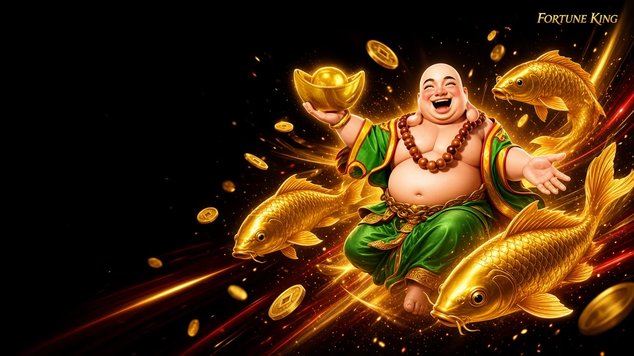 Laughing Buddha in green and gold among golden koi and coins