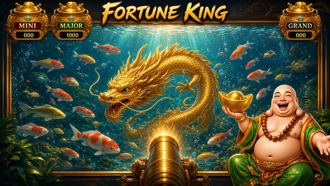 Fishing pond with a gold dragon, koi, jackpot pots, and a laughing Buddha