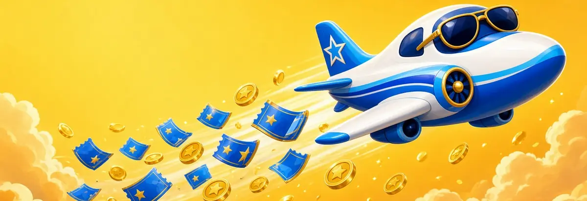 White and blue cartoon plane in sunglasses with tickets and gold coins