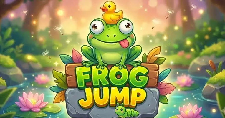 Frog on a stone sign beside a lily pond