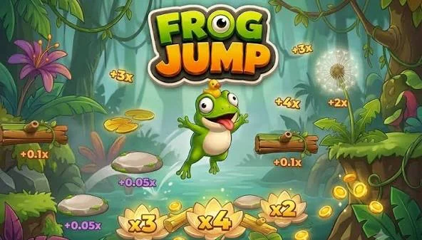 Frog jumping between logs and lily pads marked with multipliers