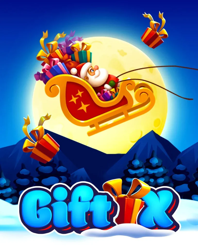 Gift X poster with Santa and a sleigh in front of the moon