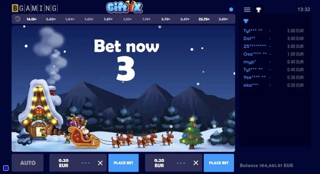 Gift X round waiting to start, with a cottage, sleigh and bet panel