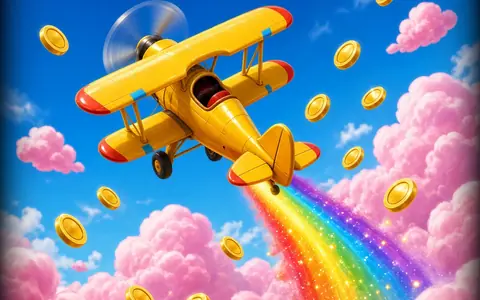 Yellow biplane climbing through pink clouds and gold coins