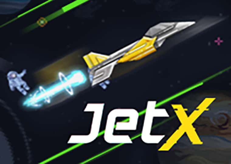 Yellow JetX craft and an astronaut beside the JetX logo