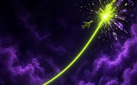 Lime graph line climbing then bursting beside a tiny plane