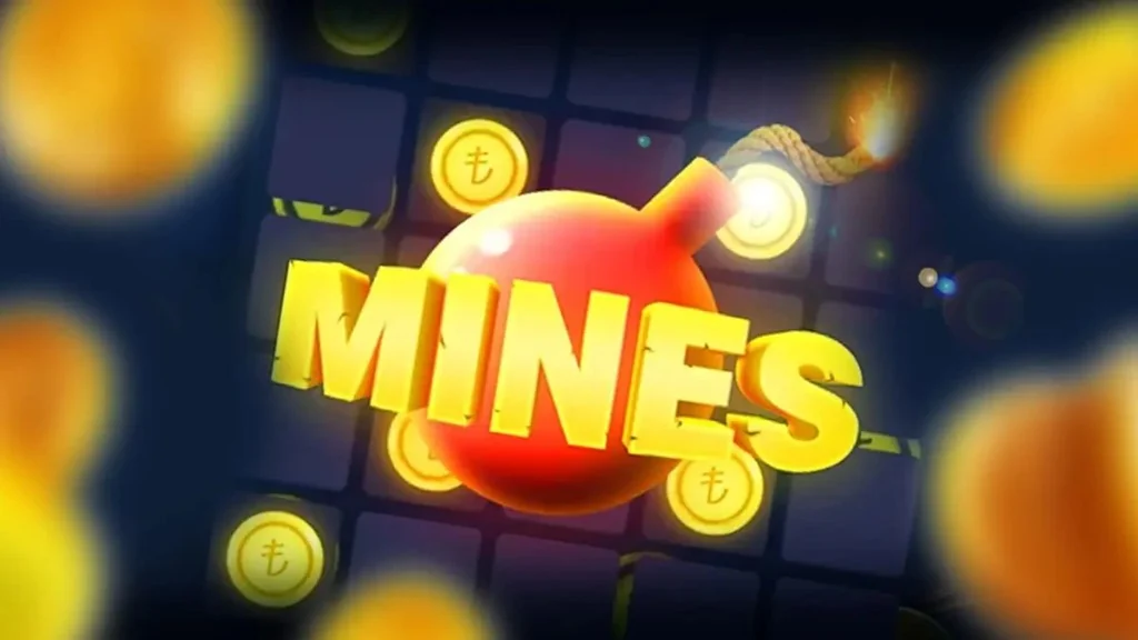 Mines title across a red bomb on a dark tile grid