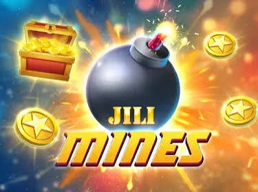 Jili Mines poster with a bomb, a chest and gold coins