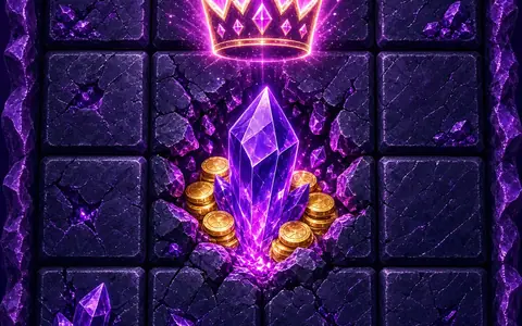 Purple gem bursting from a dark mine grid under a glowing crown