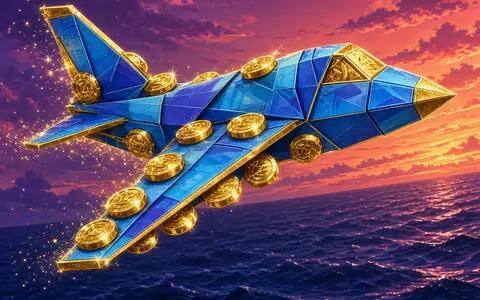 Airplane built from blue notes and gold coins over a dusk ocean