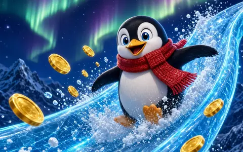 Penguin in a red scarf sliding an ice ramp through coins