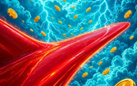 Red airplane wing cutting across a stormy cyan sky