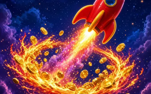 Toy red rocket blasting through a ring of fire and coins