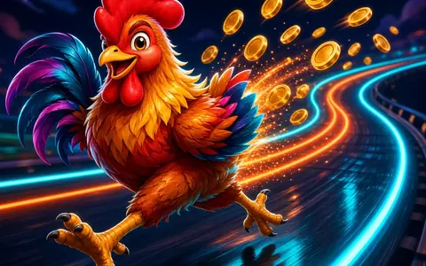 Cartoon rooster sprinting on a night racetrack