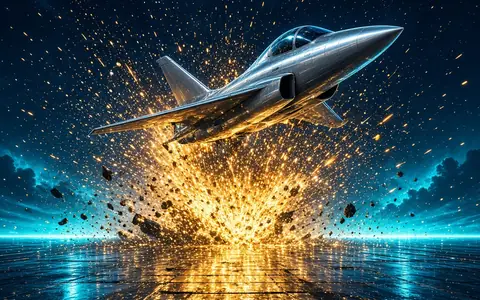Silver plane rising from golden sparks over a dark runway