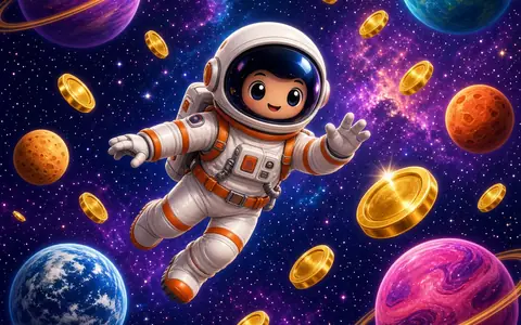 Astronaut in a white and orange suit among planets and coins