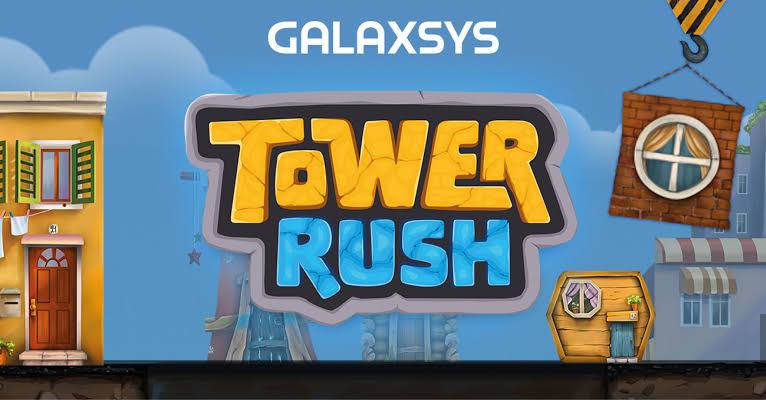 Galaxsys Tower Rush logo between cartoon houses on a blue sky