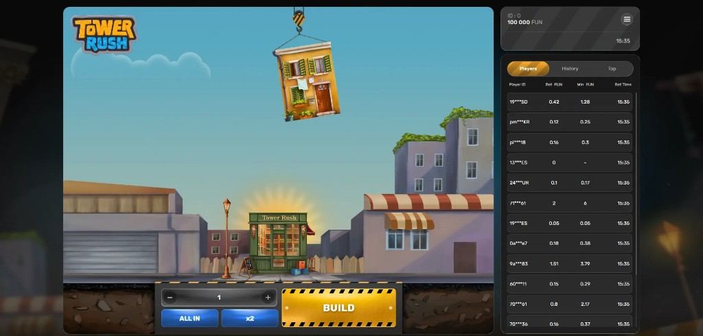 Tower Rush round with a house on a crane and a build button